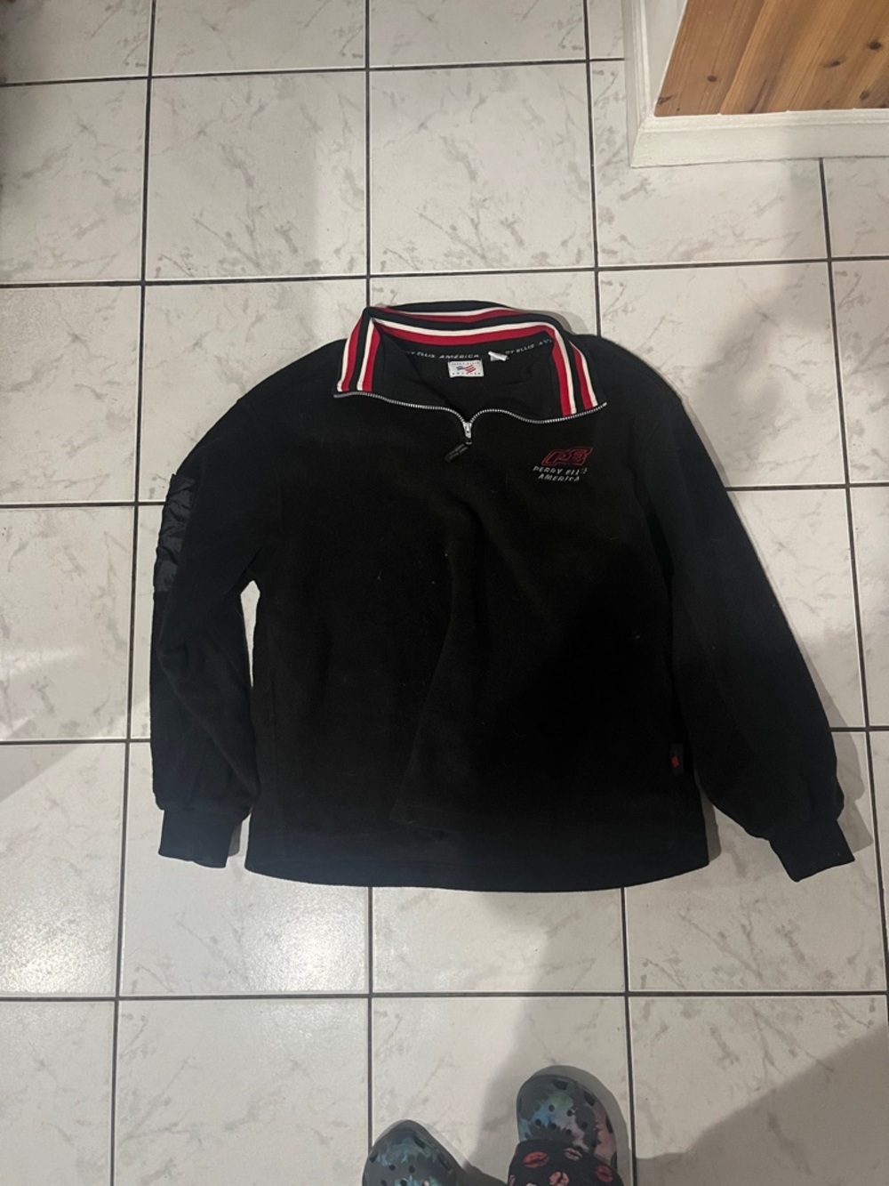 Perry Ellis Black Zip-Up Sweater with Red and White Striped Collar